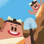 Dos personajes animados con sonrisas y vestimenta prehistórica, uno sosteniendo una pala y el otro asomándose desde un montículo de tierra