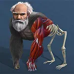Una figura híbrida con cabeza humana, cuerpo de gorila con piel y músculos visibles, y extremidades traseras esqueléticas sobre un fondo azul