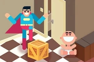 Un personaje animado disfrazado de superhéroe y un bebé sonriente en un piso de cuadros junto a una caja de madera