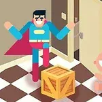 Un personaje animado disfrazado de superhéroe y un bebé sonriente en un piso de cuadros junto a una caja de madera