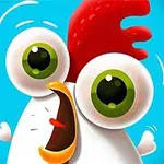 Gallina caricaturizada con ojos grandes y expresivos sobre un fondo azul