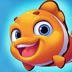 Pez naranja caricaturesco con ojos grandes y expresión alegre sobre un fondo azul