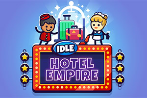 Ilustración de dos personajes, un botones y una empleada doméstica, con maletas detrás de un letrero luminoso que dice Idle Hotel Empire