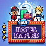 Ilustración de dos personajes, un botones y una empleada doméstica, con maletas detrás de un letrero luminoso que dice Idle Hotel Empire