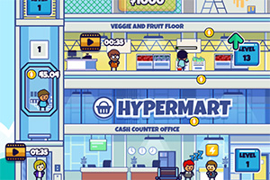 Ilustración de un edificio con múltiples pisos que representa una tienda con personajes realizando diversas actividades y relojes de cuenta regresiva en un estilo de arte digital