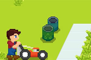 Persona en estilo pixel art empujando una cortadora de césped cerca de dos botes de basura sobre un césped verde