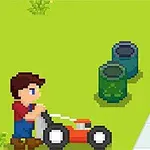Persona en estilo pixel art empujando una cortadora de césped cerca de dos botes de basura sobre un césped verde