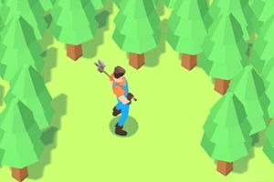 Hombre con ropa de trabajo azul y naranja, sosteniendo una herramienta, rodeado de árboles estilizados en un bosque