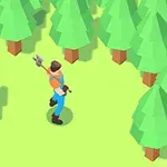 Hombre con ropa de trabajo azul y naranja, sosteniendo una herramienta, rodeado de árboles estilizados en un bosque