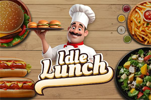 Chef caricaturesco sosteniendo una bandeja de hamburguesas con hot dogs, ensalada y papas fritas alrededor