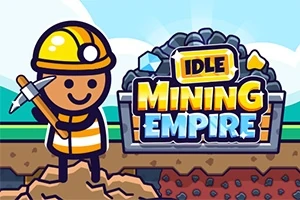 Dibujo de un personaje sonriente con casco de construcción y pico al lado de un letrero que dice Idle Mining Empire sobre un fondo de tierra y piedras
