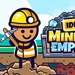 Dibujo de un personaje sonriente con casco de construcción y pico al lado de un letrero que dice Idle Mining Empire sobre un fondo de tierra y piedras