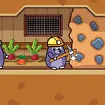 Dos topos púrpura con cascos y herramientas en un túnel subterráneo junto a un huerto de verduras