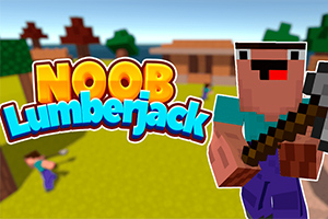 Personaje de estilo pixelado con un hacha en un entorno de bosque, acompañado del texto Noob Lumberjack