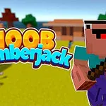Personaje de estilo pixelado con un hacha en un entorno de bosque, acompañado del texto Noob Lumberjack
