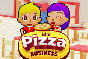 Dos personajes caricaturescos sonriendo detrás de un letrero grande que dice Pizza Business con una pizza al centro, en el interior de un restaurante con mesas y sillas