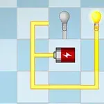 Bombilla encendida a través de un circuito eléctrico simple con batería representada por un ícono rojo