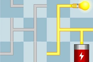 Conexión de un circuito eléctrico con un foco y una batería sobre un fondo de cuadros azules