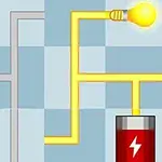 Conexión de un circuito eléctrico con un foco y una batería sobre un fondo de cuadros azules