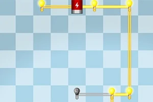Batería roja conectada a bombillas amarillas con cables sobre un fondo de cuadros azules y blancos