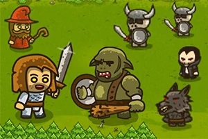 Un grupo de personajes animados en un entorno verde, incluyendo un guerrero con espada, un ogro con un garrote, un mago, un vampiro, un hombre lobo y dos guerreros con cascos con cuernos
