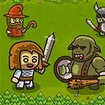 Un grupo de personajes animados en un entorno verde, incluyendo un guerrero con espada, un ogro con un garrote, un mago, un vampiro, un hombre lobo y dos guerreros con cascos con cuernos