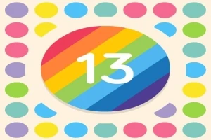 Número 13 en un óvalo con fondo de franjas arcoíris rodeado de círculos de colores