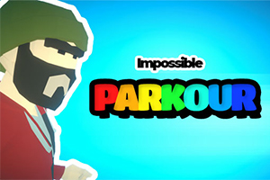 Ilustración de un personaje con barba y gorro verde a la izquierda, junto al texto Impossible Parkour en letras de colores sobre un fondo azul