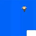 Personaje animado con expresión seria flotando sobre un fondo azul con un bloque blanco