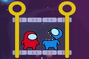Personajes rojo y azul de estilo caricatura en un fondo púrpura, separados por un obstáculo amarillo con pasadores