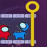Personajes rojo y azul de estilo caricatura en un fondo púrpura, separados por un obstáculo amarillo con pasadores