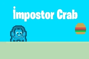 Cangrejo azul pixelado junto a una hamburguesa con fondo azul y texto impostor Crab