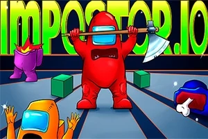 Personajes con trajes de colores brillantes en un escenario futurista, destacando uno rojo con un hacha y el título IMPOSTOR