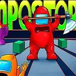 Personajes con trajes de colores brillantes en un escenario futurista, destacando uno rojo con un hacha y el título IMPOSTOR
