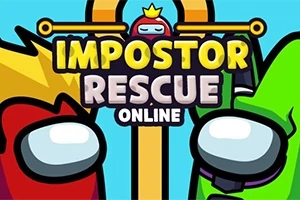 Dos personajes coloridos, uno rojo y otro verde, miran hacia el centro donde aparece el texto Impostor Rescue Online en un fondo azul
