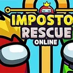 Dos personajes coloridos, uno rojo y otro verde, miran hacia el centro donde aparece el texto Impostor Rescue Online en un fondo azul