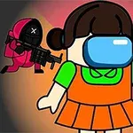 Personaje de dibujos animados con un vestido naranja y verde, rodeado por dos figuras en trajes rojos y máscaras negras sosteniendo armas