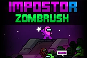Personaje espacial púrpura en una plataforma rodeado de personajes zombies verdes, con texto colorido en la parte superior