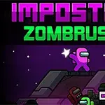 Personaje espacial púrpura en una plataforma rodeado de personajes zombies verdes, con texto colorido en la parte superior