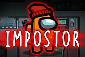 Personaje naranja con gorro rojo y la palabra IMPOSTOR en letras grandes delante de un fondo oscuro