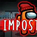 Personaje naranja con gorro rojo y la palabra IMPOSTOR en letras grandes delante de un fondo oscuro