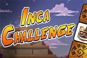 Texto Inca Challenge en un estilo colorido con fondo de pirámide inca y cartas con símbolos indígenas