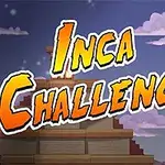 Texto Inca Challenge en un estilo colorido con fondo de pirámide inca y cartas con símbolos indígenas
