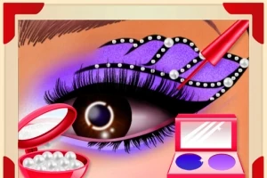Maquillaje de ojos en tonos morados adornado con perlas y una brocha aplicando delineador