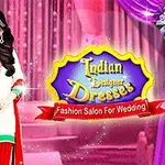 Mujer vestida con un traje tradicional indio rojo y blanco, rodeada de un fondo rosa con efectos brillantes y un cartel colorido en inglés