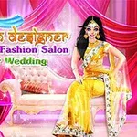 Una mujer con un sari amarillo está sentada en un elegante sofá, rodeada de cortinas rosas y decoraciones florales