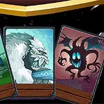 Tres cartas de juego ilustradas con un sapo azul, una criatura peluda blanca y una figura oscura monstruosa