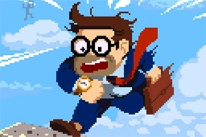 Hombre con traje azul y maletín corriendo apresuradamente en un estilo de arte pixelado