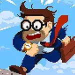 Hombre con traje azul y maletín corriendo apresuradamente en un estilo de arte pixelado