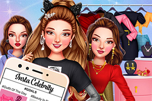 Tres mujeres posando frente a un armario lleno de ropa elegante, con un teléfono que muestra una pantalla de red social